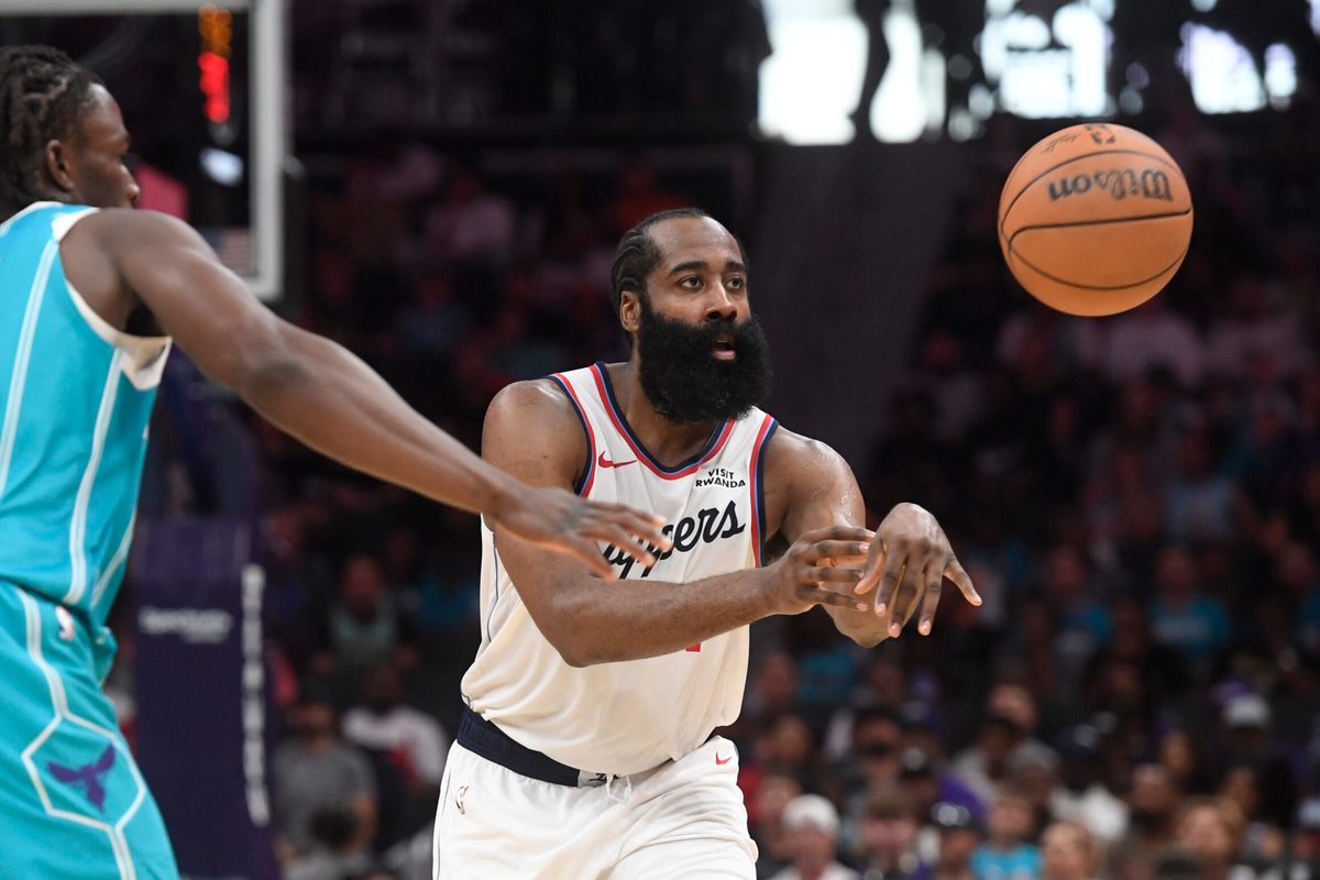 Nov 22, 2025; Charlotte, North Carolina, USA; Los Angeles Clippers guard James Harden (1) passes during the second half against the Charlotte Hornets at the Spectrum Center. Mandatory Credit: Sam Sharpe-Imagn Images