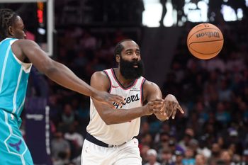 Nov 22, 2025; Charlotte, North Carolina, USA; Los Angeles Clippers guard James Harden (1) passes during the second half against the Charlotte Hornets at the Spectrum Center. Mandatory Credit: Sam Sharpe-Imagn Images