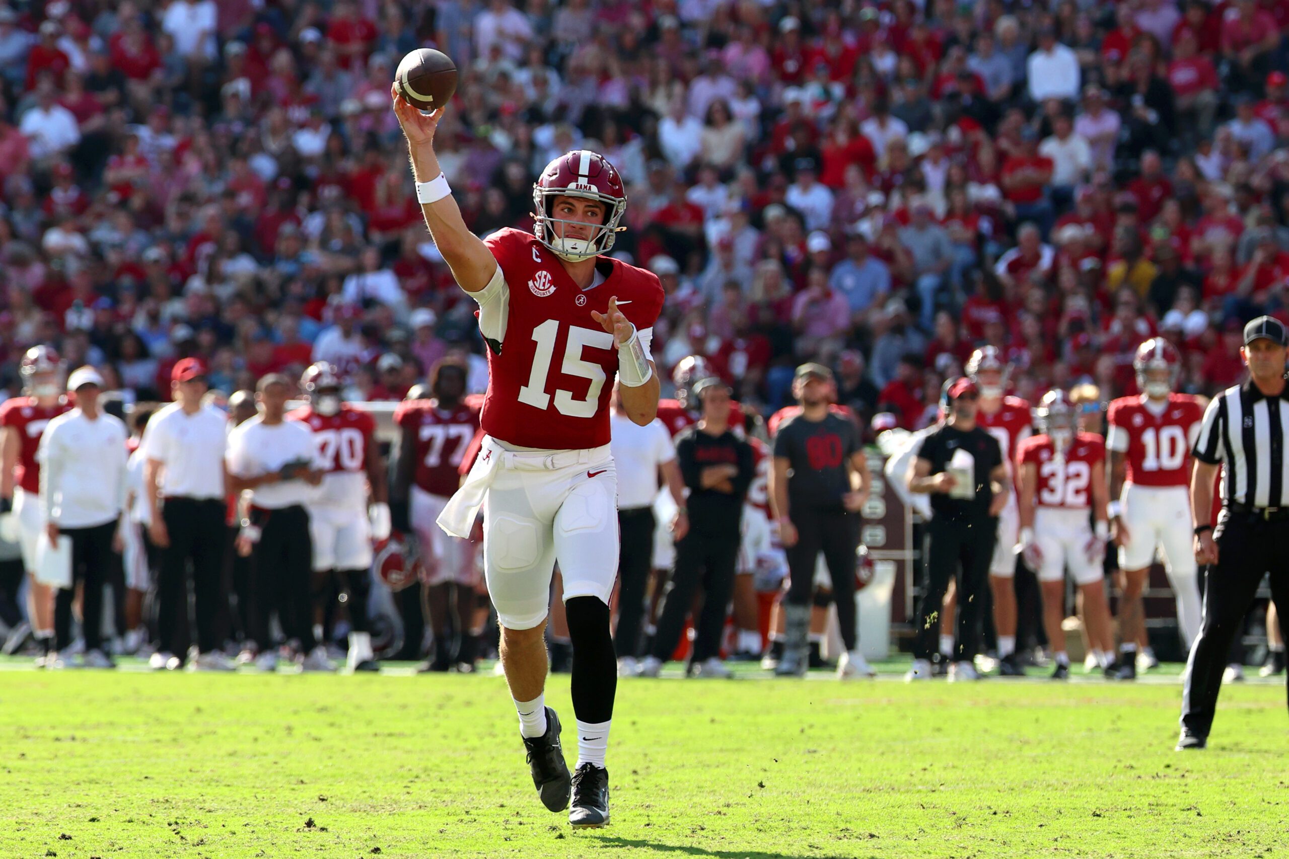 Nov 22, 2025; Tuscaloosa, Alabama, USA; Alabama Crimson Tide quarterback Ty Simpson (15) passes the ball during the first half against the Eastern Illinois Panthers at Saban Field at Bryant-Denny Stadium. Mandatory Credit: David Leong-Imagn Images