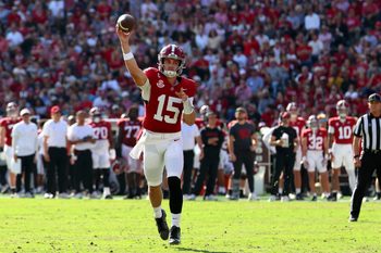 Nov 22, 2025; Tuscaloosa, Alabama, USA; Alabama Crimson Tide quarterback Ty Simpson (15) passes the ball during the first half against the Eastern Illinois Panthers at Saban Field at Bryant-Denny Stadium. Mandatory Credit: David Leong-Imagn Images