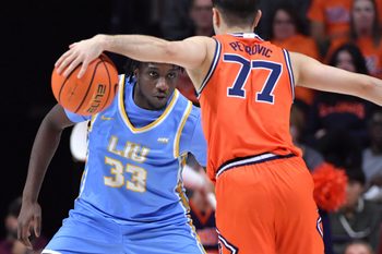 Nov 22, 2025; Champaign, Illinois, USA;  Long Island University Sharks guard Jamal Fuller (33) guards Illinois Fighting Illini guard Mihailo Petrovic (77) with the ball during the second half at State Farm Center. Mandatory Credit: Ron Johnson-Imagn Images
