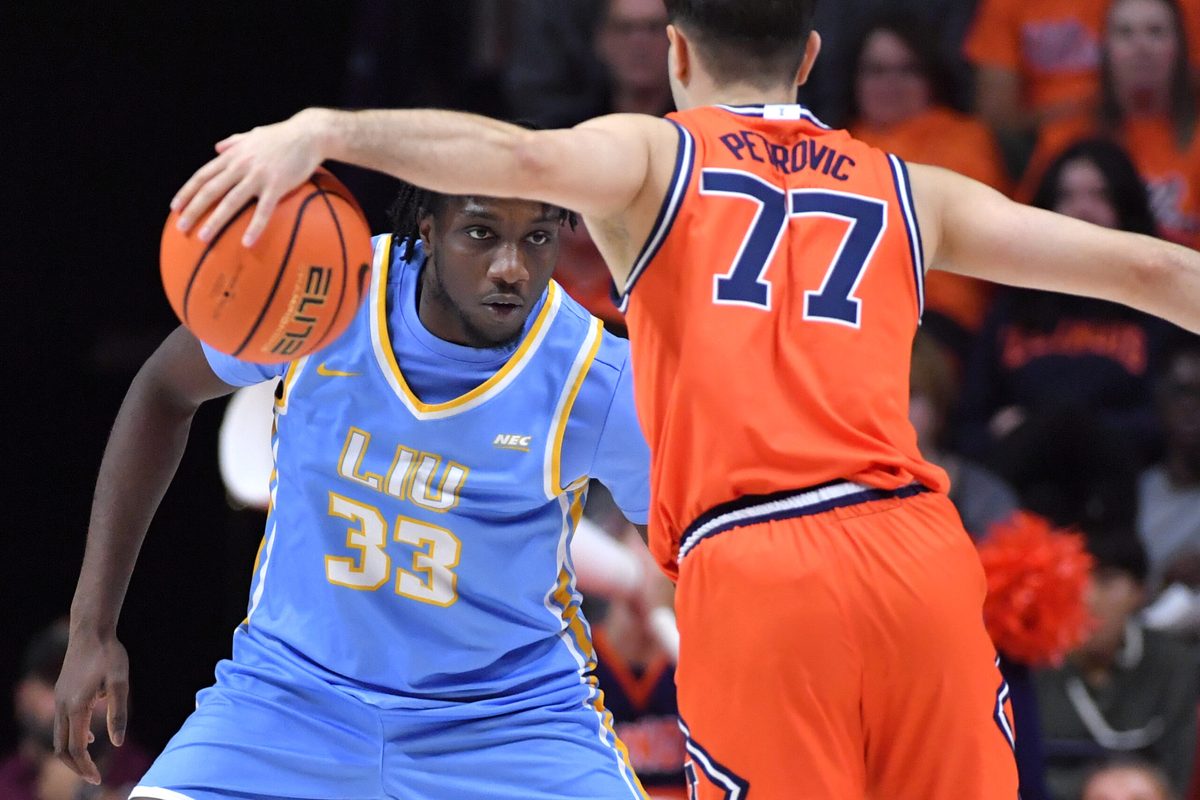 Nov 22, 2025; Champaign, Illinois, USA; Long Island University Sharks guard Jamal Fuller (33) guards Illinois Fighting Illini guard Mihailo Petrovic (77) with the ball during the second half at State Farm Center. Mandatory Credit: Ron Johnson-Imagn Images
