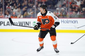 Nov 22, 2025; Philadelphia, Pennsylvania, USA; Philadelphia Flyers right wing Travis Konecny (11) in action against the New Jersey Devils in the first period at Xfinity Mobile Arena. Mandatory Credit: Kyle Ross-Imagn Images