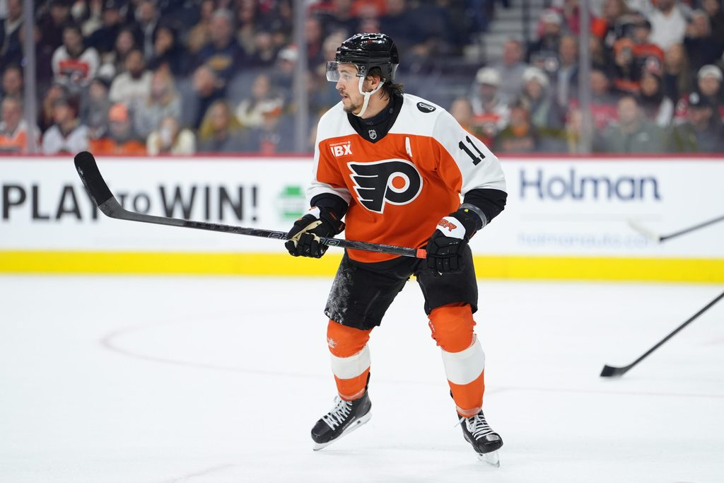 Nov 22, 2025; Philadelphia, Pennsylvania, USA; Philadelphia Flyers right wing Travis Konecny (11) in action against the New Jersey Devils in the first period at Xfinity Mobile Arena. Mandatory Credit: Kyle Ross-Imagn Images