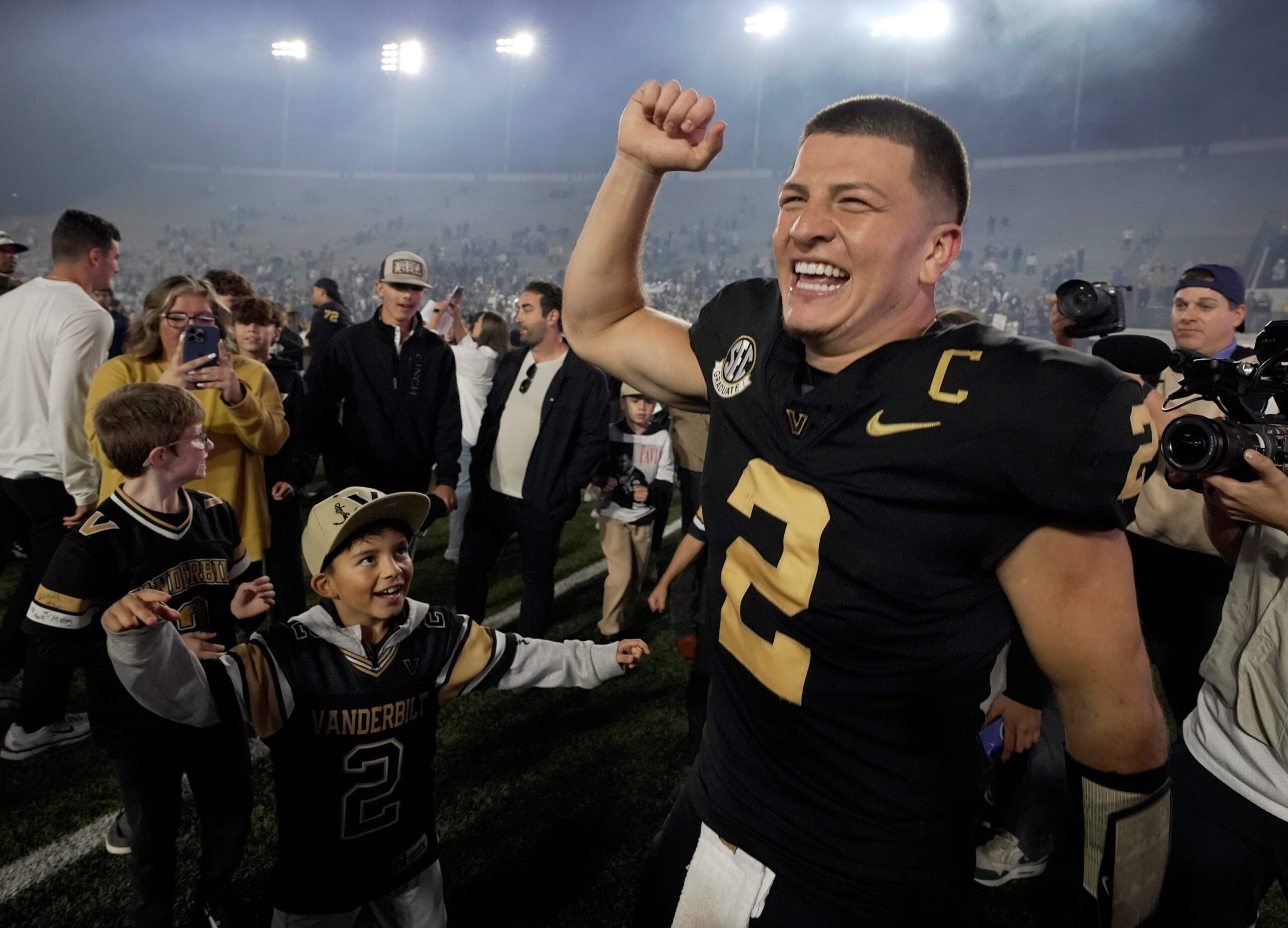 Vanderbilt quarterback Diego Pavia (2) celebrates after the team’s win against Kentucky at FirstBank Stadium in Nashville, Tenn., Saturday, Nov. 22, 2025.