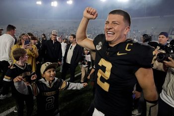 Vanderbilt quarterback Diego Pavia (2) celebrates after the team’s win against Kentucky at FirstBank Stadium in Nashville, Tenn., Saturday, Nov. 22, 2025.