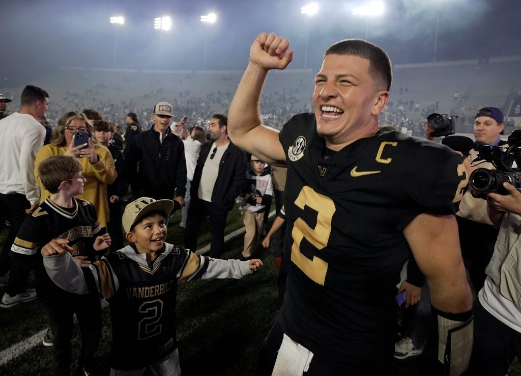 Vanderbilt quarterback Diego Pavia (2) celebrates after the team’s win against Kentucky at FirstBank Stadium in Nashville, Tenn., Saturday, Nov. 22, 2025.