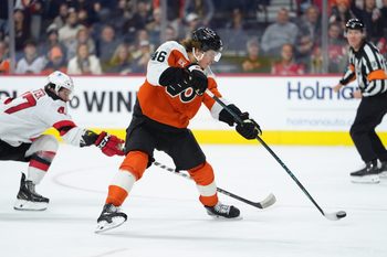 Nov 22, 2025; Philadelphia, Pennsylvania, USA; Philadelphia Flyers center Trevor Zegras (46) shoots and scores a goal against the New Jersey Devils in the third period at Xfinity Mobile Arena. Mandatory Credit: Kyle Ross-Imagn Images