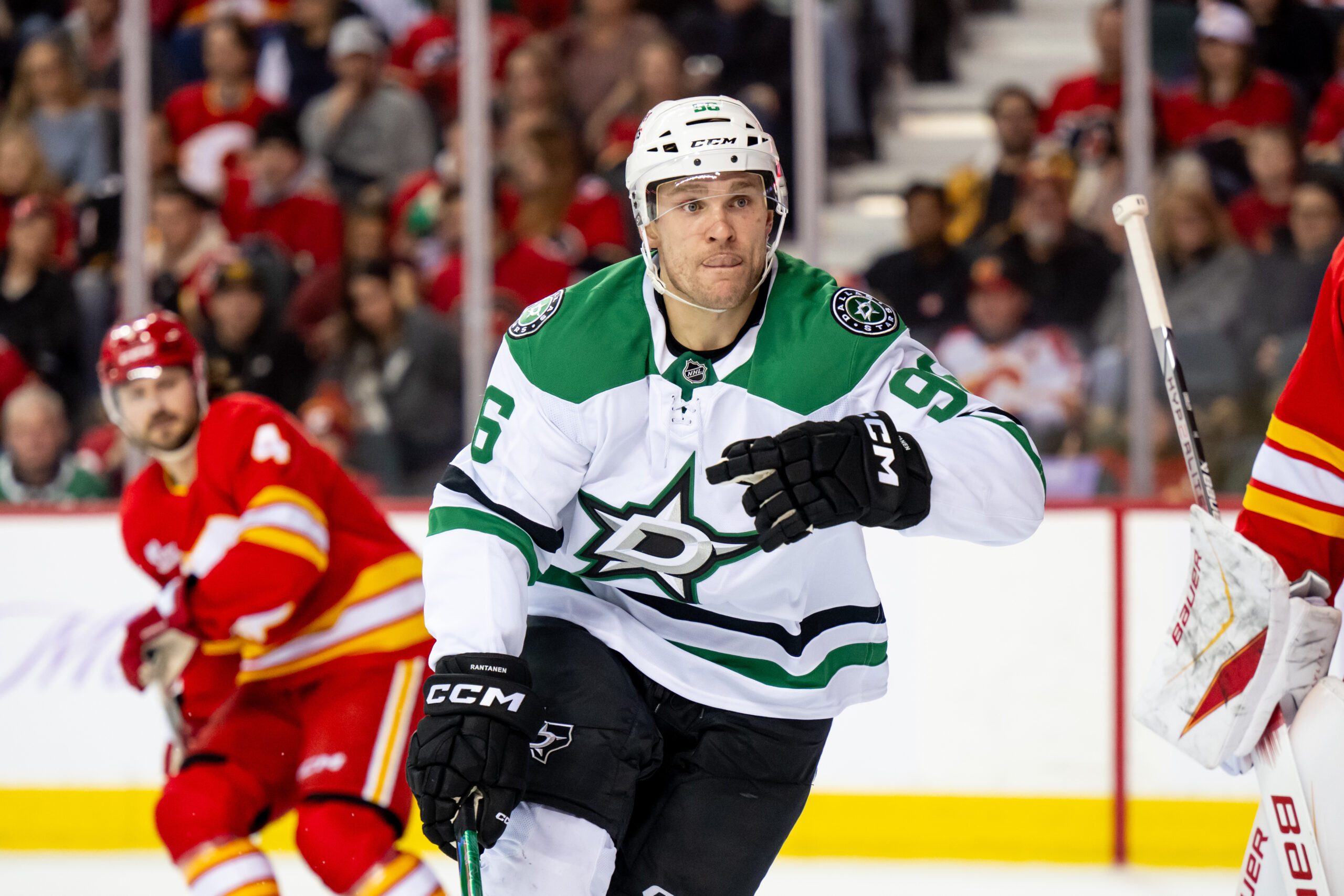 Nov 22, 2025; Calgary, Alberta, CAN; Dallas Stars right wing Mikko Rantanen (96) in action against the Calgary Flames during the second period at Scotiabank Saddledome. Mandatory Credit: Brett Holmes-Imagn Images