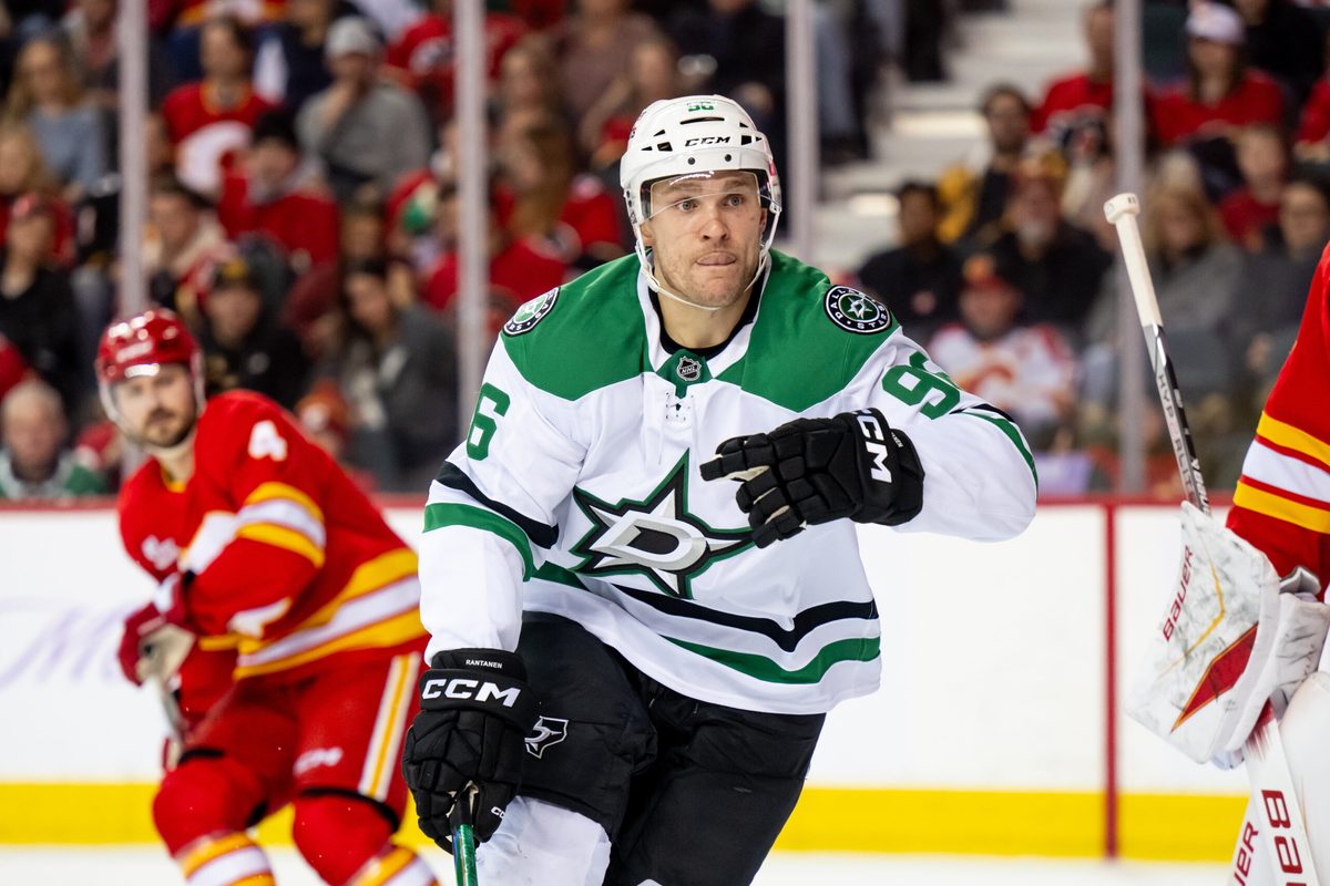 Nov 22, 2025; Calgary, Alberta, CAN; Dallas Stars right wing Mikko Rantanen (96) in action against the Calgary Flames during the second period at Scotiabank Saddledome. Mandatory Credit: Brett Holmes-Imagn Images