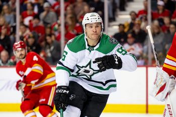 Nov 22, 2025; Calgary, Alberta, CAN; Dallas Stars right wing Mikko Rantanen (96) in action against the Calgary Flames during the second period at Scotiabank Saddledome. Mandatory Credit: Brett Holmes-Imagn Images