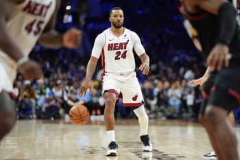 Nov 23, 2025; Philadelphia, Pennsylvania, USA; Miami Heat guard Norman Powell (24) controls the ball against the Philadelphia 76ers in the second quarter at Xfinity Mobile Arena. Mandatory Credit: Kyle Ross-Imagn Images