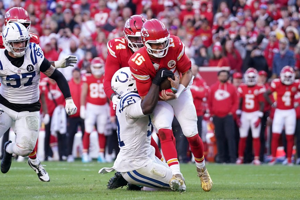 Nov 23, 2025; Kansas City, Missouri, USA; Indianapolis Colts defensive end Kwity Paye (51) sacks Kansas City Chiefs quarterback Patrick Mahomes (15) in the second half at GEHA Field at Arrowhead Stadium. Mandatory Credit: Denny Medley-Imagn Images