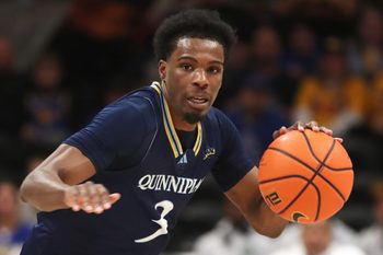 Nov 23, 2025; Pittsburgh, Pennsylvania, USA;  Quinnipiac Bobcats guard Asim Jones (3) dribbles the ball against the Pittsburgh Panthers during the second half at the Petersen Events Center. Mandatory Credit: Charles LeClaire-Imagn Images