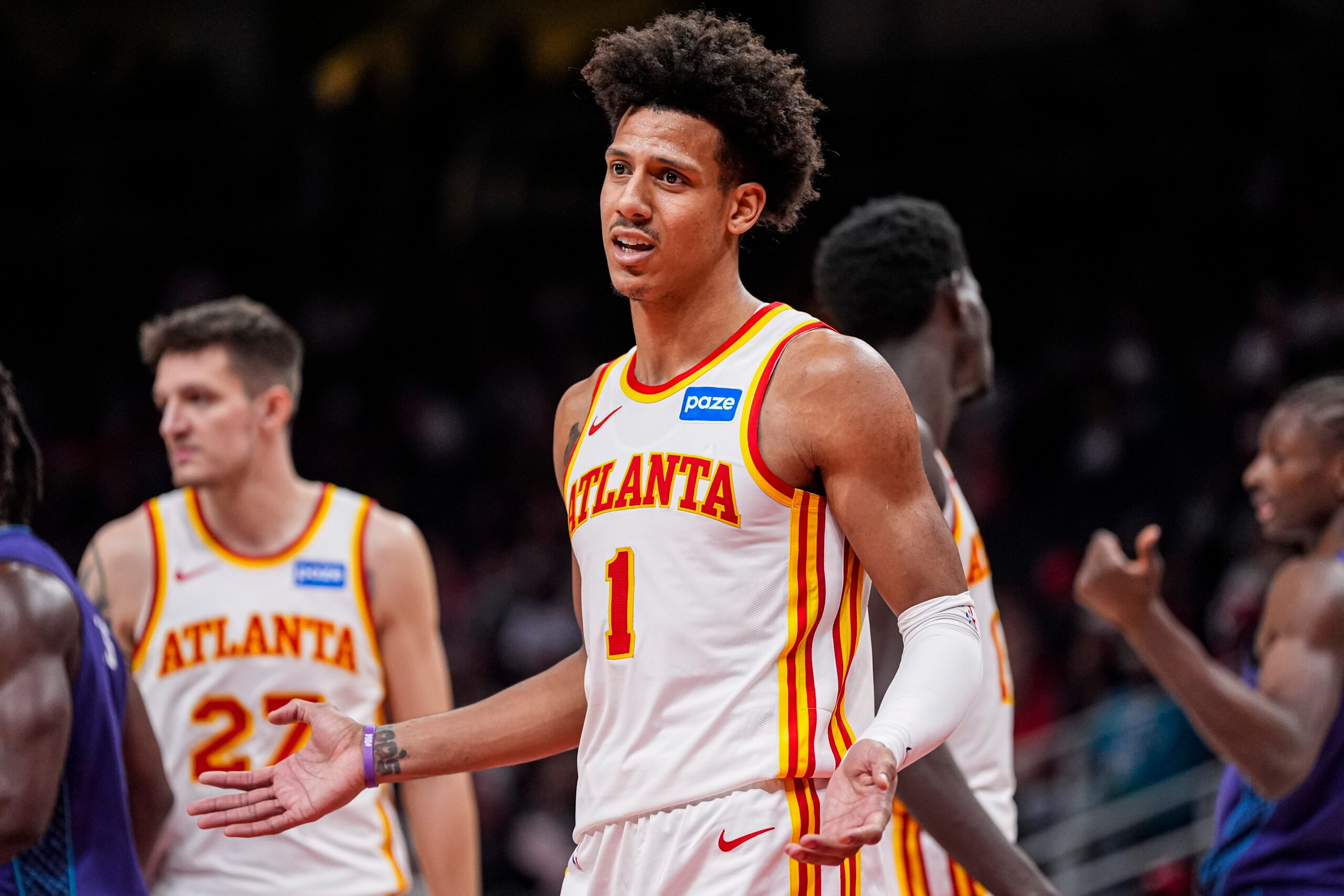 Nov 23, 2025; Atlanta, Georgia, USA; Atlanta Hawks forward Jalen Johnson (1) reacts to a call during the game against the Charlotte Hornets during the second half at State Farm Arena. Mandatory Credit: Dale Zanine-Imagn Images