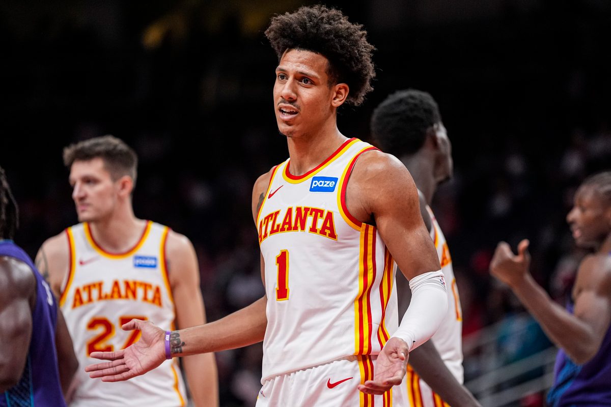 Nov 23, 2025; Atlanta, Georgia, USA; Atlanta Hawks forward Jalen Johnson (1) reacts to a call during the game against the Charlotte Hornets during the second half at State Farm Arena. Mandatory Credit: Dale Zanine-Imagn Images