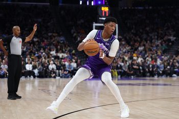 Nov 23, 2025; Salt Lake City, Utah, USA; Utah Jazz guard Ace Bailey (19) steps back for the three-point shot against the Los Angeles Lakers during the second half at Delta Center. Mandatory Credit: Rob Gray-Imagn Images