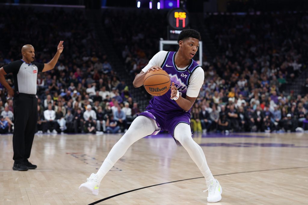 Nov 23, 2025; Salt Lake City, Utah, USA; Utah Jazz guard Ace Bailey (19) steps back for the three-point shot against the Los Angeles Lakers during the second half at Delta Center. Mandatory Credit: Rob Gray-Imagn Images
