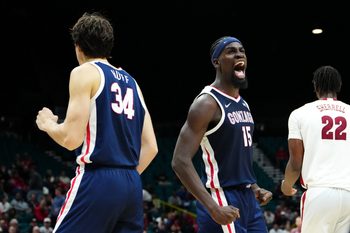 Nov 24, 2025; Las Vegas, Nevada, USA; Gonzaga Bulldogs forward Graham Ike (15) reacts during the first half against the Alabama Crimson Tide in a 2025 Players Era Festival group play game at MGM Grand Garden Arena. Mandatory Credit: Stephen R. Sylvanie-Imagn Images
