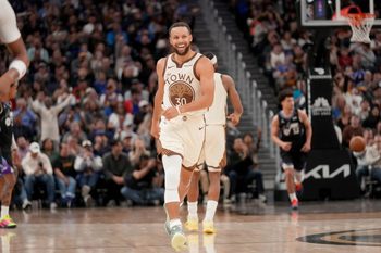 Nov 24, 2025; San Francisco, California, USA; Golden State Warriors guard Stephen Curry (30) reacts after making a three point basket against the Utah Jazz in the fourth quarter at the Chase Center. Mandatory Credit: Cary Edmondson-Imagn Images