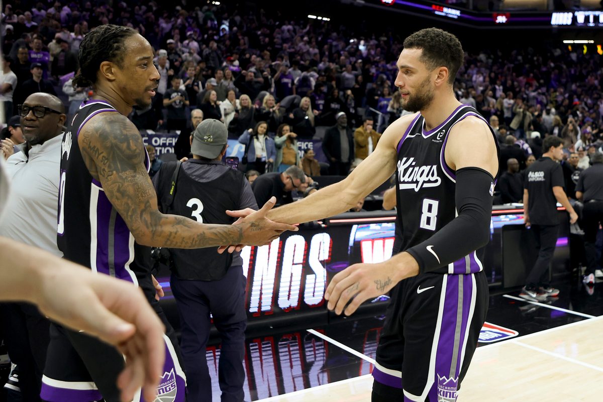 Nov 24, 2025; Sacramento, California, USA; Sacramento Kings forward DeMar DeRozan (10) and guard Zach LaVine (8) celebrate at mid court after defeating the Minnesota Timberwolves at Golden 1 Center. Mandatory Credit: Dennis Lee-Imagn Images