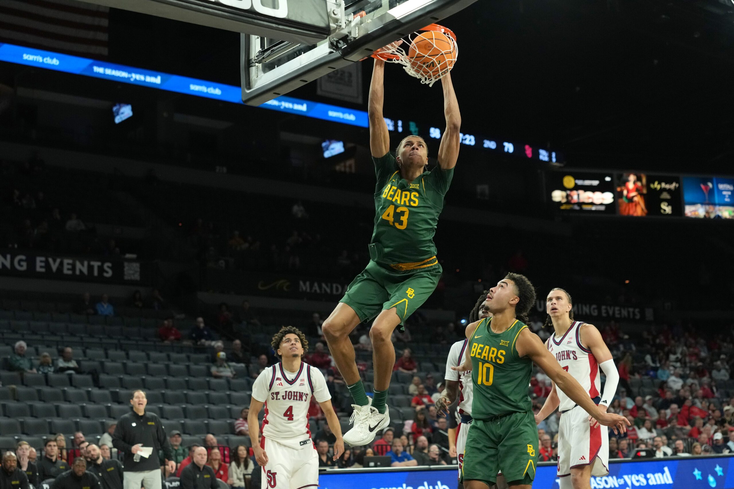 Nov 25, 2025; Las Vegas, Nevada, USA; Baylor Bears guard Cameron Carr (43) dunks the ball during the second half of a 2025 Players Era Festival group play game against the St. John's Red Storm at Michelob Ultra Arena. Mandatory Credit: Kirby Lee-Imagn Images