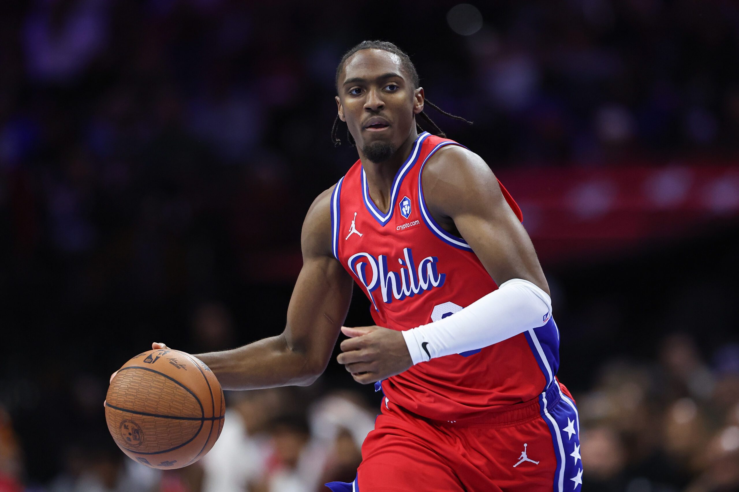 Nov 25, 2025; Philadelphia, Pennsylvania, USA; Philadelphia 76ers guard Tyrese Maxey (0) dribbles the ball against the Orlando Magic] during the third quarter at Xfinity Mobile Arena. Mandatory Credit: Bill Streicher-Imagn Images