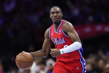 Nov 25, 2025; Philadelphia, Pennsylvania, USA; Philadelphia 76ers guard Tyrese Maxey (0) dribbles the ball against the Orlando Magic] during the third quarter at Xfinity Mobile Arena. Mandatory Credit: Bill Streicher-Imagn Images