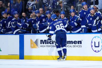Nov 26, 2025; Tampa, Florida, USA; Tampa Bay Lightning right wing Nikita Kucherov (86) is congratulated after scoring a goal against the Calgary Flames in the third period at Benchmark International Arena. Mandatory Credit: Nathan Ray Seebeck-Imagn Images