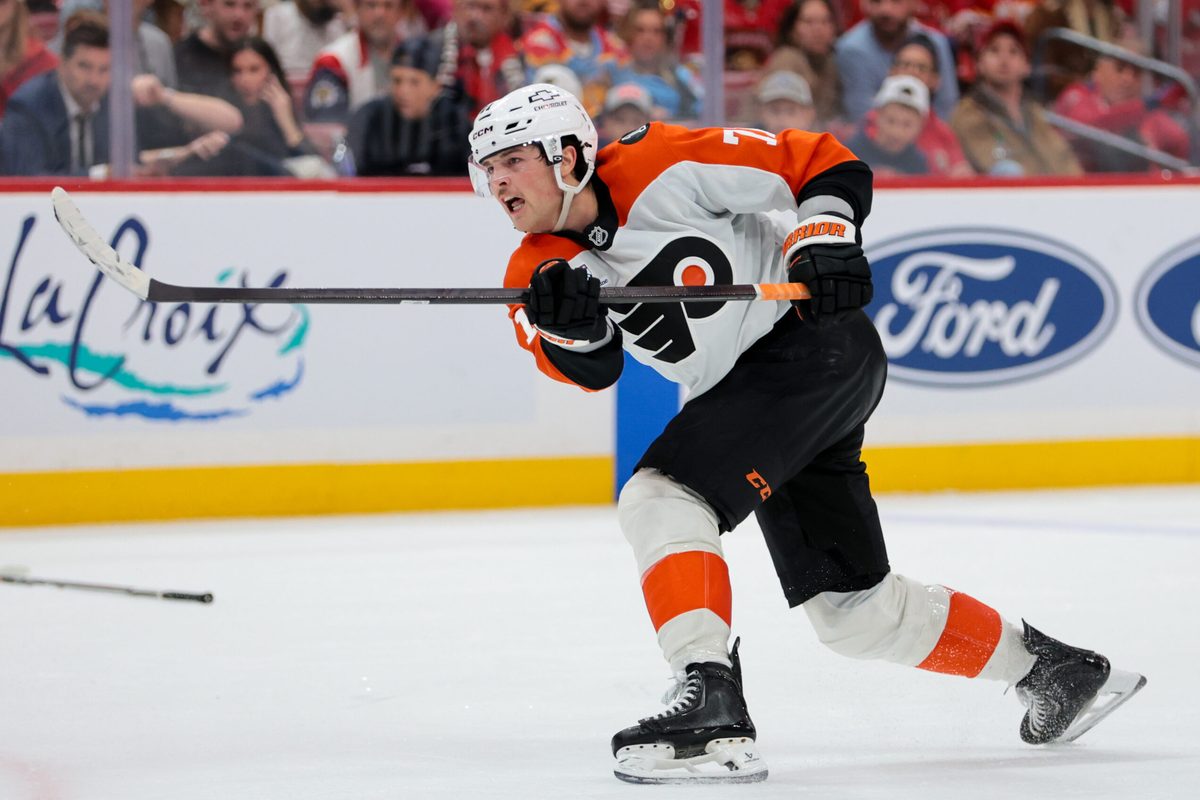 Nov 26, 2025; Sunrise, Florida, USA; Philadelphia Flyers right wing Tyson Foerster (71) scores against the Florida Panthers during the third period at Amerant Bank Arena. Mandatory Credit: Sam Navarro-Imagn Images