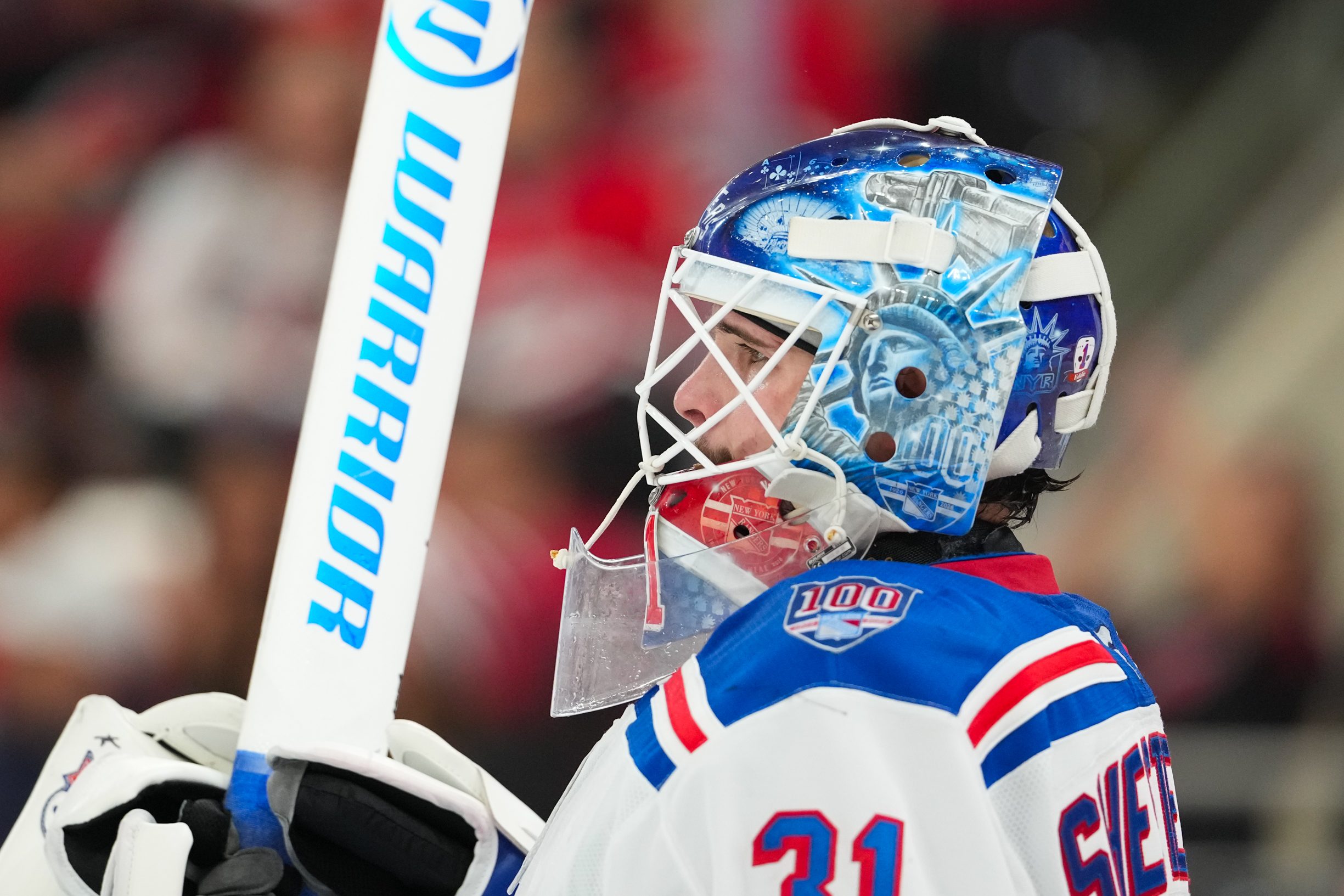 Nov 26, 2025; Raleigh, North Carolina, USA; New York Rangers goaltender Igor Shesterkin (31) looks on against the Carolina Hurricanes during the third period at Lenovo Center. Mandatory Credit: James Guillory-Imagn Images