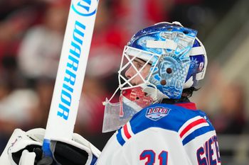 Nov 26, 2025; Raleigh, North Carolina, USA; New York Rangers goaltender Igor Shesterkin (31) looks on against the Carolina Hurricanes during the third period at Lenovo Center. Mandatory Credit: James Guillory-Imagn Images