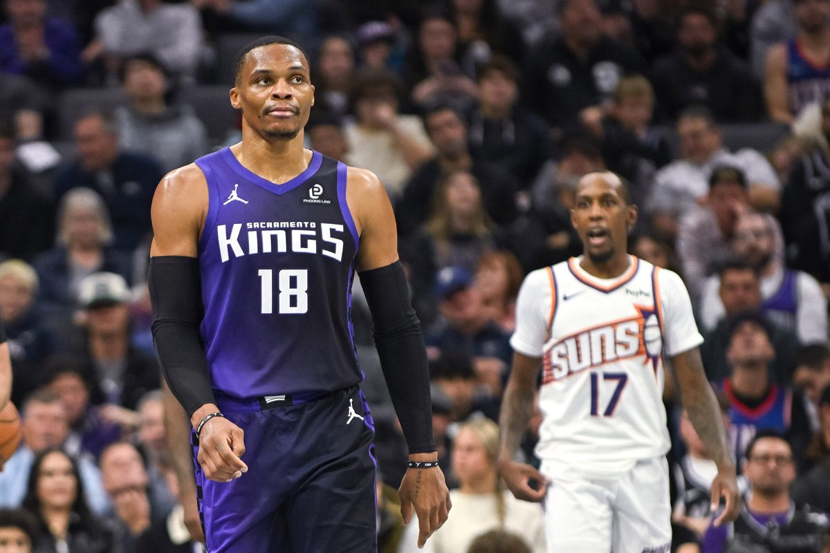 Nov 26, 2025; Sacramento, California, USA; Sacramento Kings guard Russell Westbrook (18) reacts to a call during the second quarter of the game against the Phoenix Suns at Golden 1 Center. Mandatory Credit: Ed Szczepanski-Imagn Images