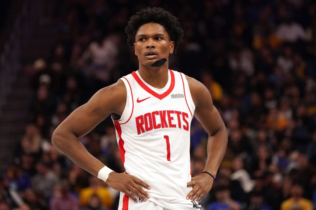 Nov 26, 2025; San Francisco, California, USA; Houston Rockets guard-forward Amen Thompson (1) waits for play to resume against the Golden State Warriors in the third quarter at Chase Center. Mandatory Credit: David Gonzales-Imagn Images