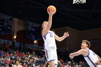 Nov 27, 2025; San Diego, California, USA; Florida Gators forward Thomas Haugh (10) shoots a layup against the Texas Christian University Horned Frogs during the second half at Jenny Craig Pavilion. Mandatory Credit: Abe Arredondo-Imagn Images