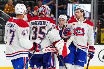 Nov 28, 2025; Las Vegas, Nevada, USA; Montréal Canadiens goaltender Sam Montembeault (35) celebrates with team mates after the Canadiens defeated the Vegas Golden Knights 4-1 at T-Mobile Arena. Mandatory Credit: Stephen R. Sylvanie-Imagn Images