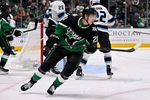 Nov 28, 2025; Dallas, Texas, USA; Dallas Stars left wing Jason Robertson (21) skates against the Utah Mammoth during the second period at the American Airlines Center. Mandatory Credit: Jerome Miron-Imagn Images