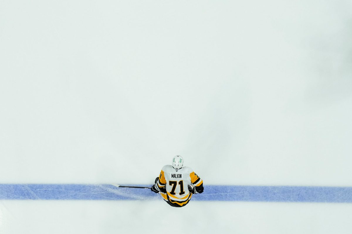 Nov 28, 2025; Columbus, Ohio, USA; Pittsburgh Penguins center Evgeni Malkin (71) stretches during warmups before the game against the Columbus Blue Jackets at Nationwide Arena. Mandatory Credit: Aaron Doster-Imagn Images