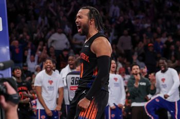 Nov 28, 2025; New York, New York, USA;  New York Knicks guard Jalen Brunson (11) reacts after making a basket during the second half against the Milwaukee Bucks at Madison Square Garden. Mandatory Credit: Vincent Carchietta-Imagn Images