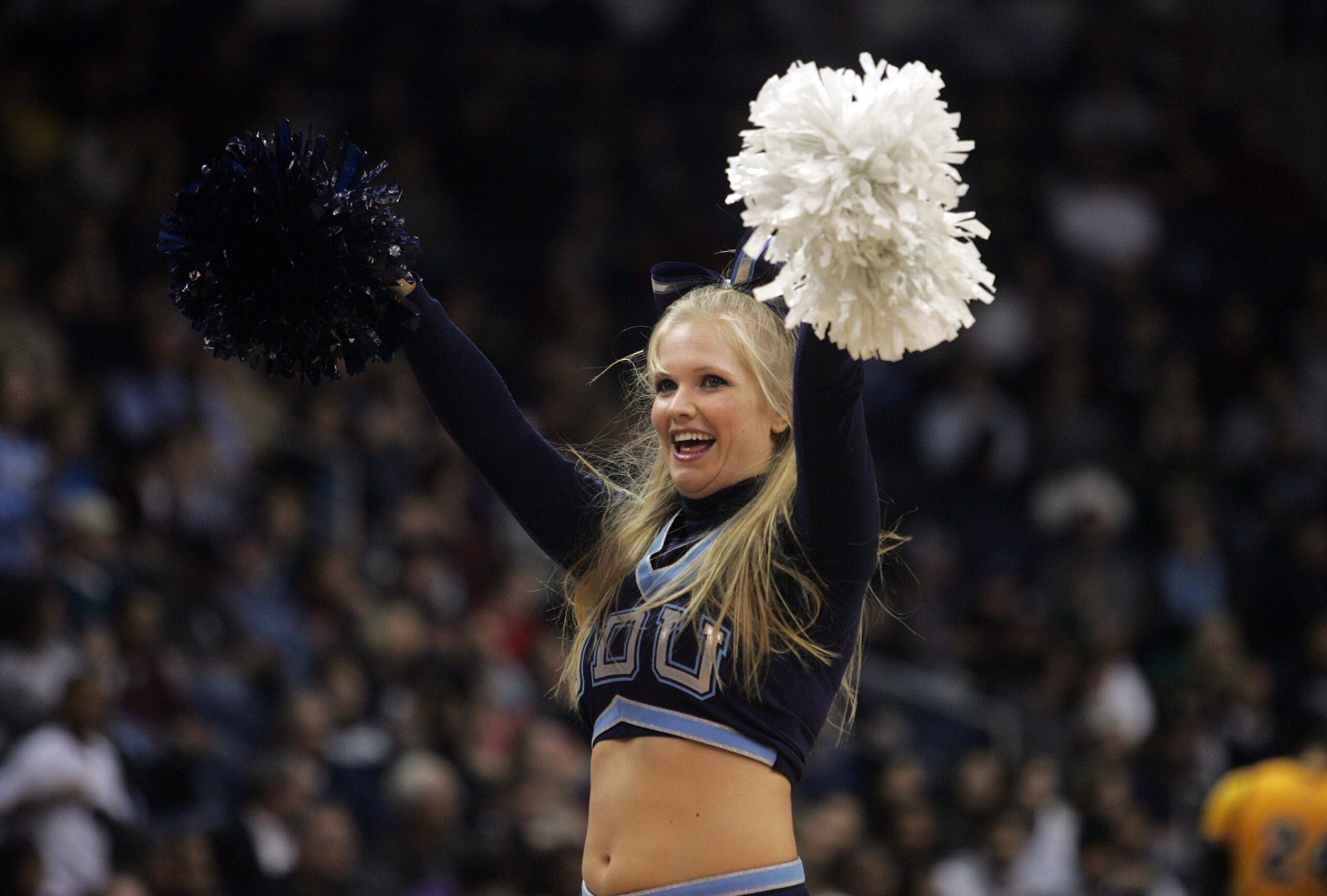 Jan 5, 2012; Norfolk, VA, USA; An Old Dominion Monarchs cheerleader performs during a time out against the George Mason Patriots at the Ted Constant Convocation Center. Mandatory Credit: Peter Casey-Imagn Images