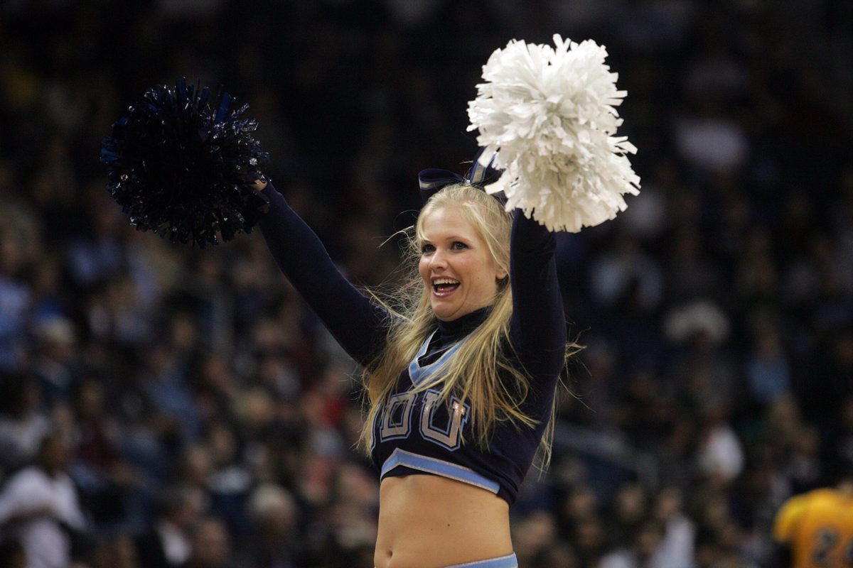 Jan 5, 2012; Norfolk, VA, USA; An Old Dominion Monarchs cheerleader performs during a time out against the George Mason Patriots at the Ted Constant Convocation Center. Mandatory Credit: Peter Casey-Imagn Images