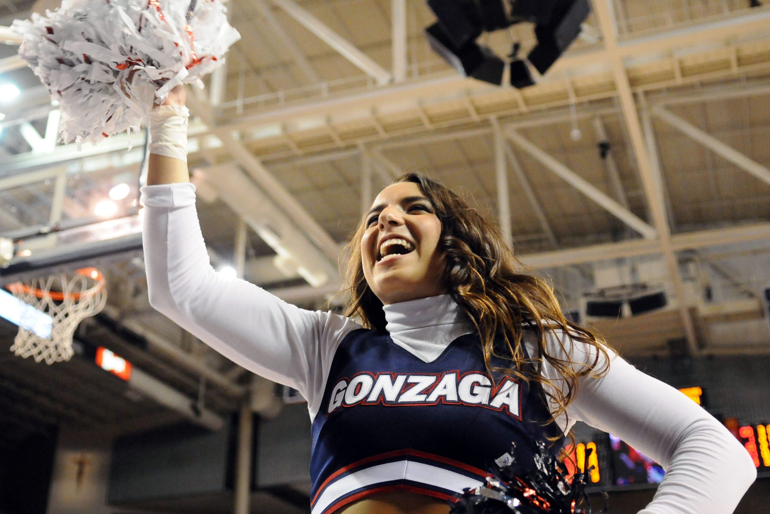 Feb 23 2012; Spokane, WA, USA; A Gonzaga Cheerleader performs during a game against the Brigham Young Cougars during the second half at the McCarthey Athletic Center. Mandatory Credit: James Snook-Imagn Images
