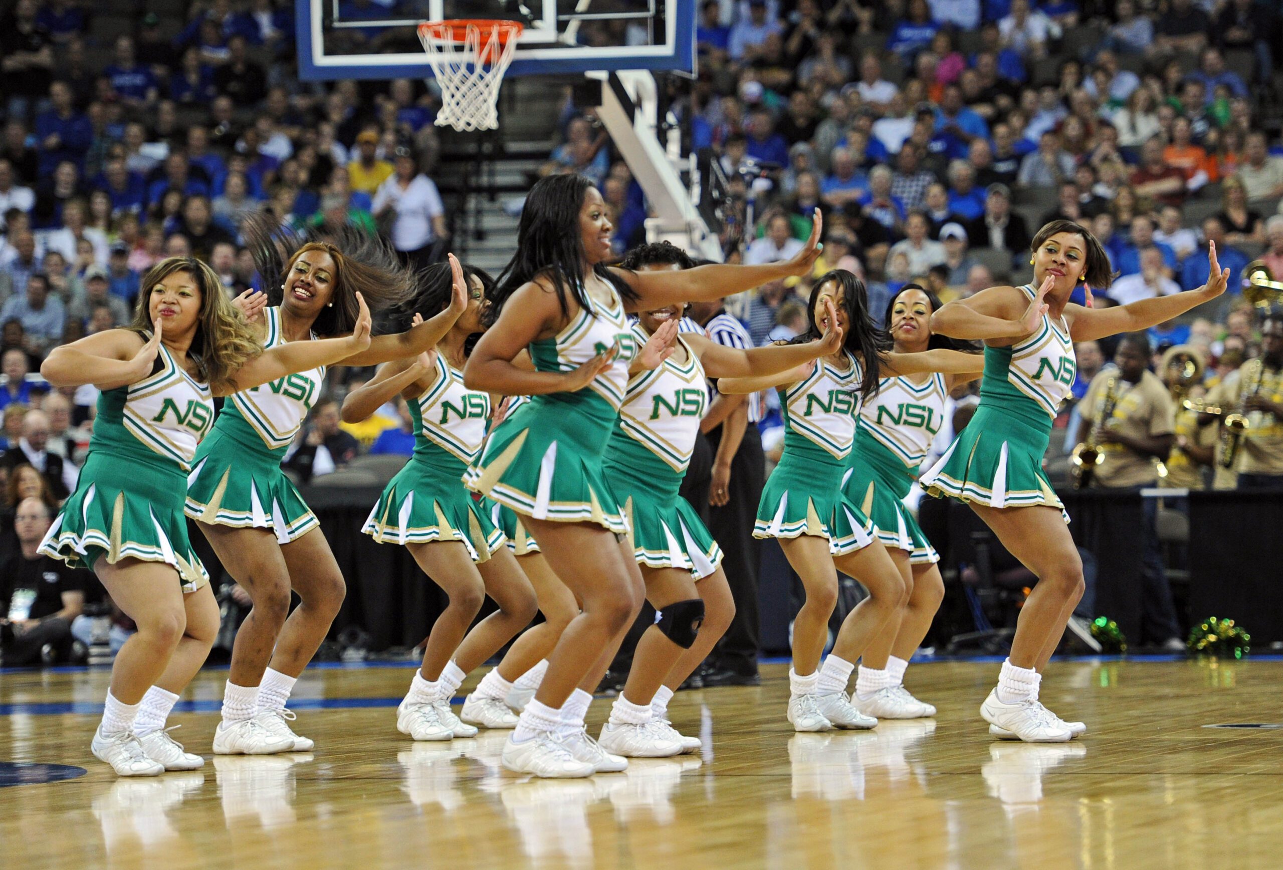 Mar 16, 2012; Omaha, NE, USA; The Norfolk State Spartans cheerleaders perform during a game a game against the Missouri Tigers in the second round of the 2012 NCAA men's basketball tournament at the Century Link Center.  Norfolk State defeated Missouri 86-84.  Mandatory Credit: Peter G. Aiken-Imagn Images