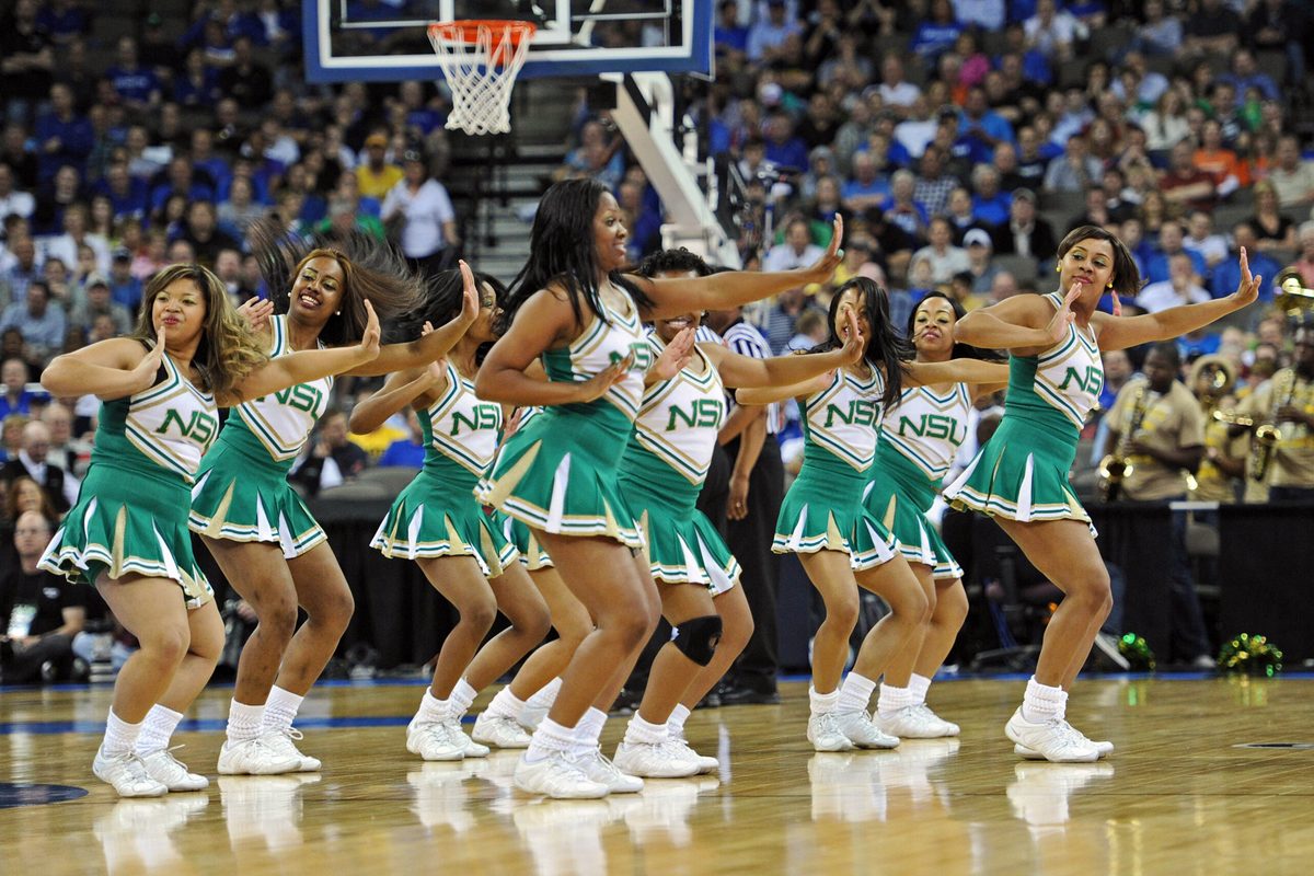 Mar 16, 2012; Omaha, NE, USA; The Norfolk State Spartans cheerleaders perform during a game a game against the Missouri Tigers in the second round of the 2012 NCAA men's basketball tournament at the Century Link Center. Norfolk State defeated Missouri 86-84. Mandatory Credit: Peter G. Aiken-Imagn Images
