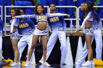 Mar 21, 2013; Salt Lake City, UT, USA; Members of the Southern University Jaguars cheerleaders perform in the second half of the game against the Gonzaga Bulldogs during the second round of the 2013 NCAA tournament at EnergySolutions Arena. Gonzaga won the game 64-58. Mandatory Credit: Steve Dykes-Imagn Images