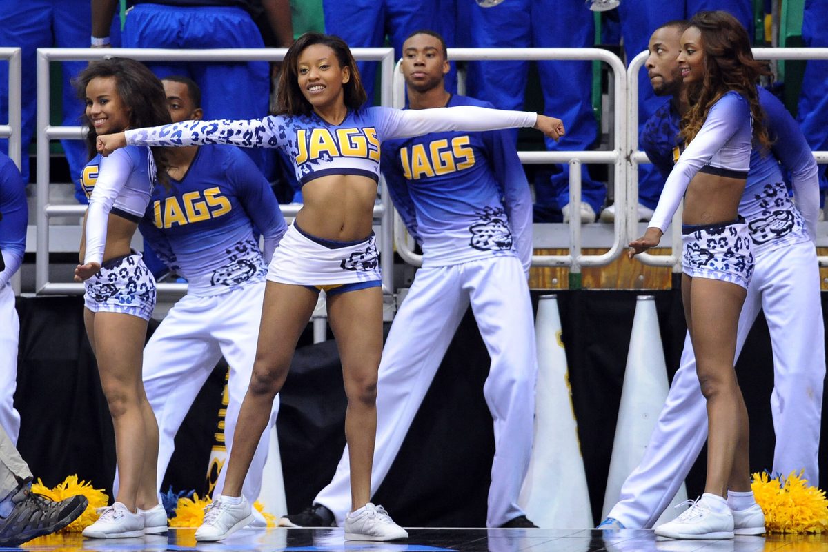 Mar 21, 2013; Salt Lake City, UT, USA; Members of the Southern University Jaguars cheerleaders perform in the second half of the game against the Gonzaga Bulldogs during the second round of the 2013 NCAA tournament at EnergySolutions Arena. Gonzaga won the game 64-58. Mandatory Credit: Steve Dykes-Imagn Images