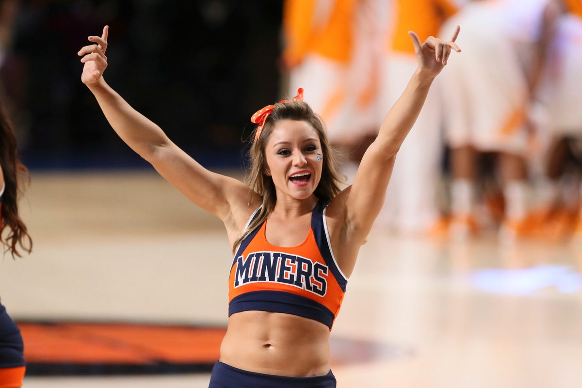 Nov 28, 2013; Paradise Island, BAHAMAS; UTEP Miners cheerleader performs during the game against the Tennessee Volunteers at the 2013 Battle 4 Atlantis in the Imperial Arena at the Atlantis Resort. Mandatory Credit: Kevin Jairaj-Imagn Images