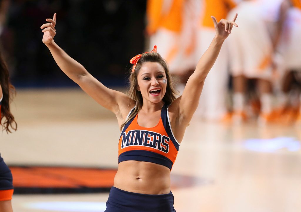Nov 28, 2013; Paradise Island, BAHAMAS; UTEP Miners cheerleader performs during the game against the Tennessee Volunteers at the 2013 Battle 4 Atlantis in the Imperial Arena at the Atlantis Resort. Mandatory Credit: Kevin Jairaj-Imagn Images