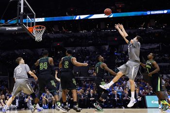 Mar 23, 2014; San Antonio, TX, USA; Creighton Bluejays forward Doug McDermott (3) shoots against the Baylor Bears in the second half of a men's college basketball game during the third round of the 2014 NCAA Tournament at AT&T Center. Mandatory Credit: Kevin Jairaj-Imagn Images