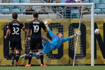 Jul 26, 2014; Jacksonville, FL, USA; D.C. United goalie Andrew Dykstra (50) makes a save against Fulham Football Club in the first half at EverBank Field. Mandatory Credit: Richard Dole-Imagn Images